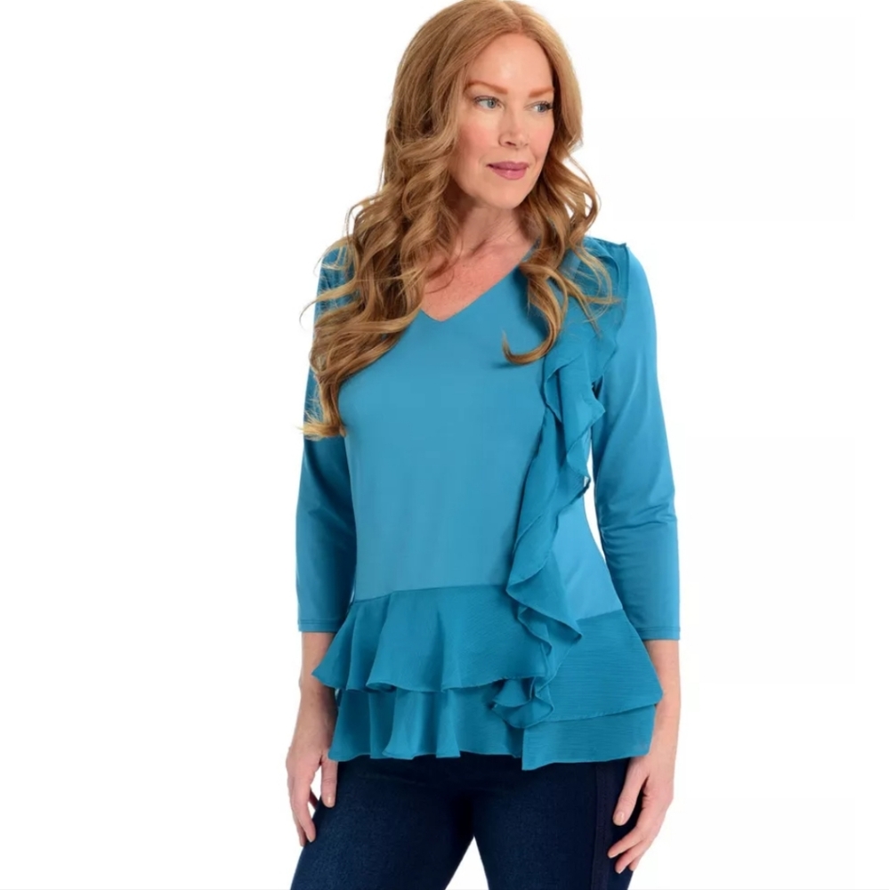 Kate & Mallory® Mixed Media 3/4 Sleeve Asymmetrical Ruffle T